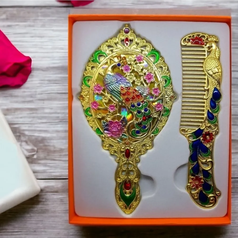 Vintage Peacock Mirror Comb Gift Box Set Yellow Gold Rhinestone Regency Vanity